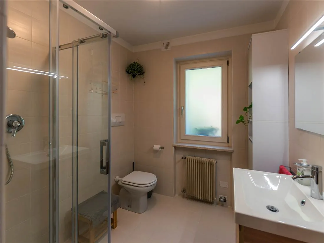 Il bagno con doccia, mobile in legno e piante
